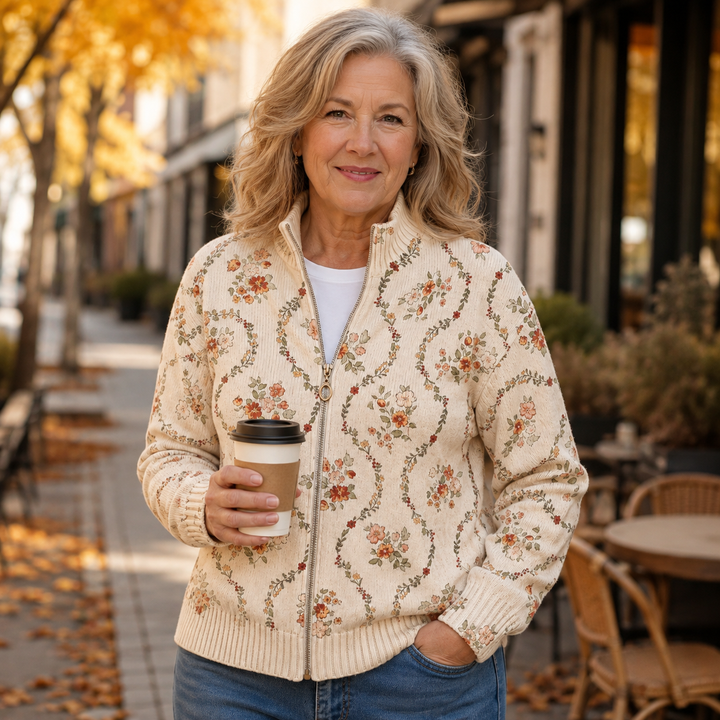 Cardigan zippé floral crème