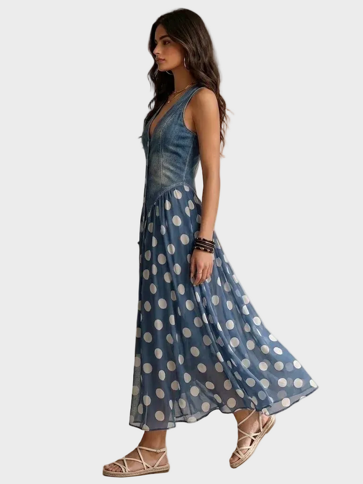Vylina - Sukienka dżinsowa z szyfonowym dołem w kropki