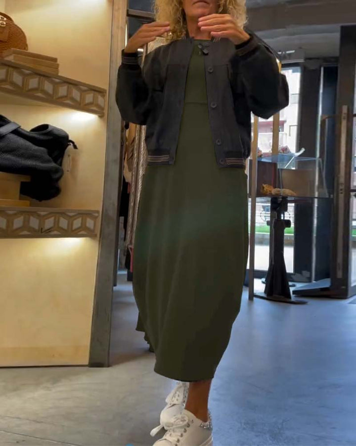 Robe unie à col rond, manches longues et poche