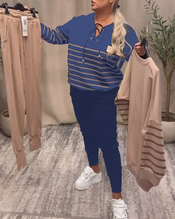 Ensemble Deux Pièces Décontracté Pantalon De Sport Rayé À La Cheville