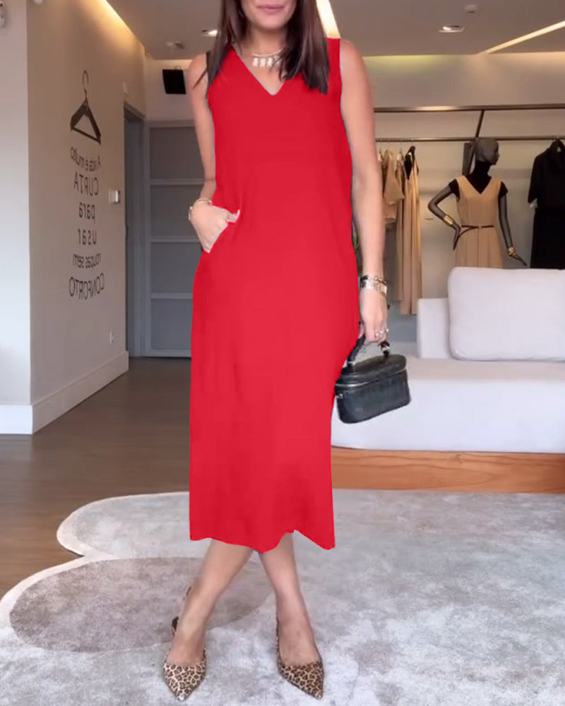robe décontractée col en V sans manches couleur unie fendue