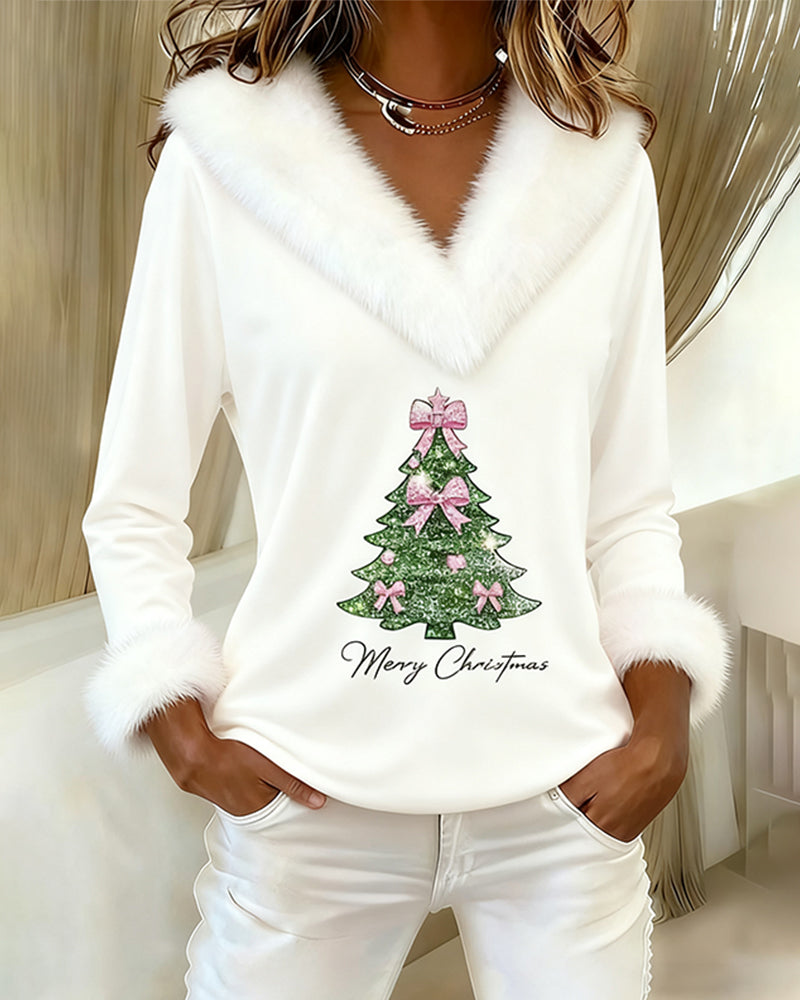 Top Grand Col Fourrure Imprimé Noël