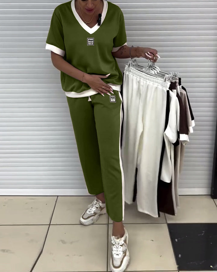 Costume Décontracté Col En V Couleur Contrastée Sport