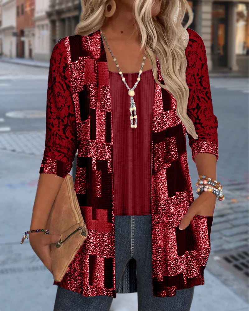 Bluse Manches Longues Imprimée Style Deux-Pièces Factice