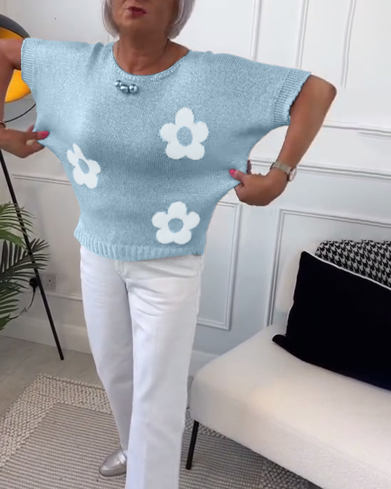 Dopasowany sweter z okrągłym dekoltem w kwiaty