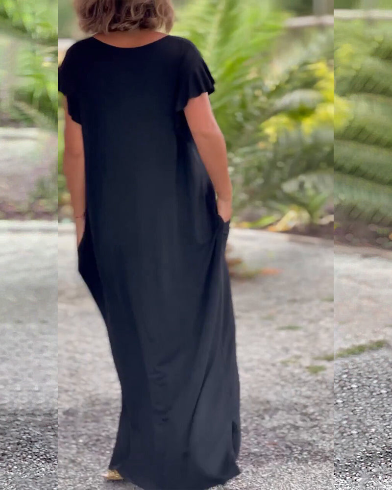 Robe longue de couleur unie avec poche et manche courte