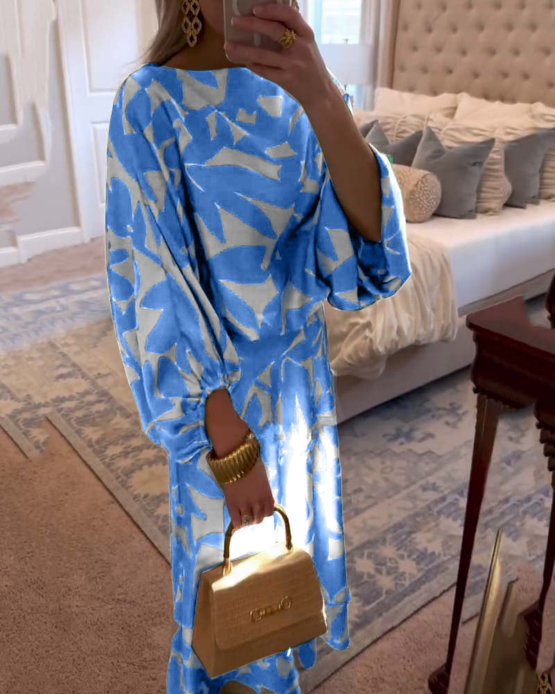 Ensemble Robe Décontractée Imprimé Manches Lanterne Tempérament