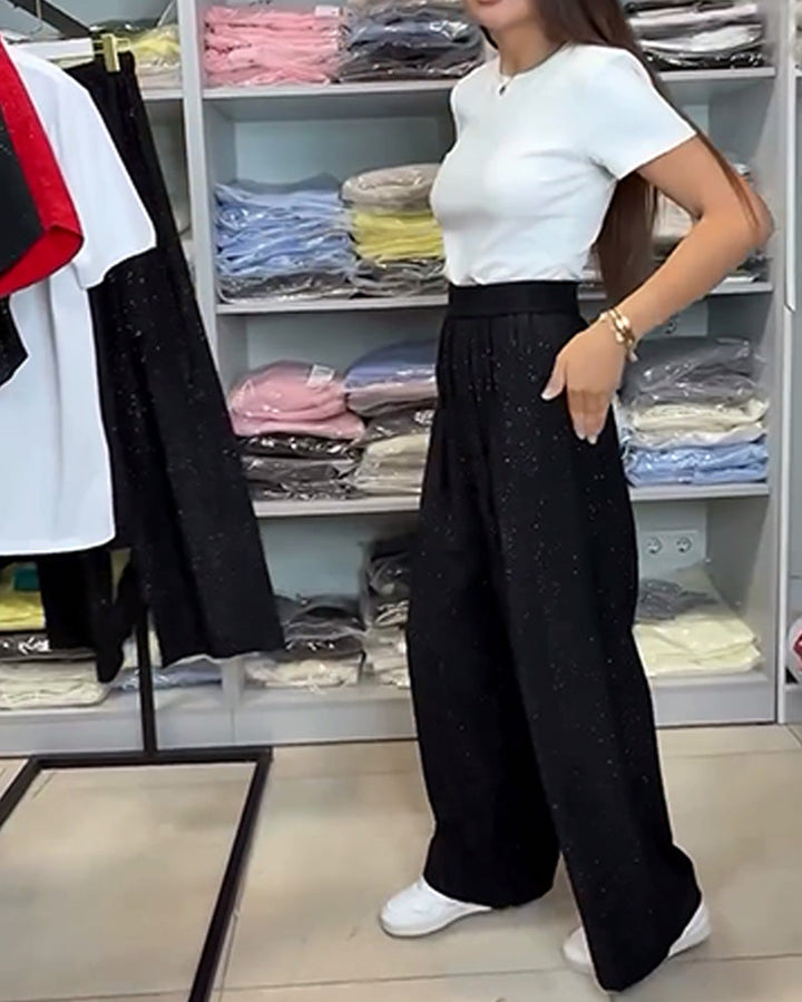 Pantalon Élégant Haute Taille Brillant Large Jambe
