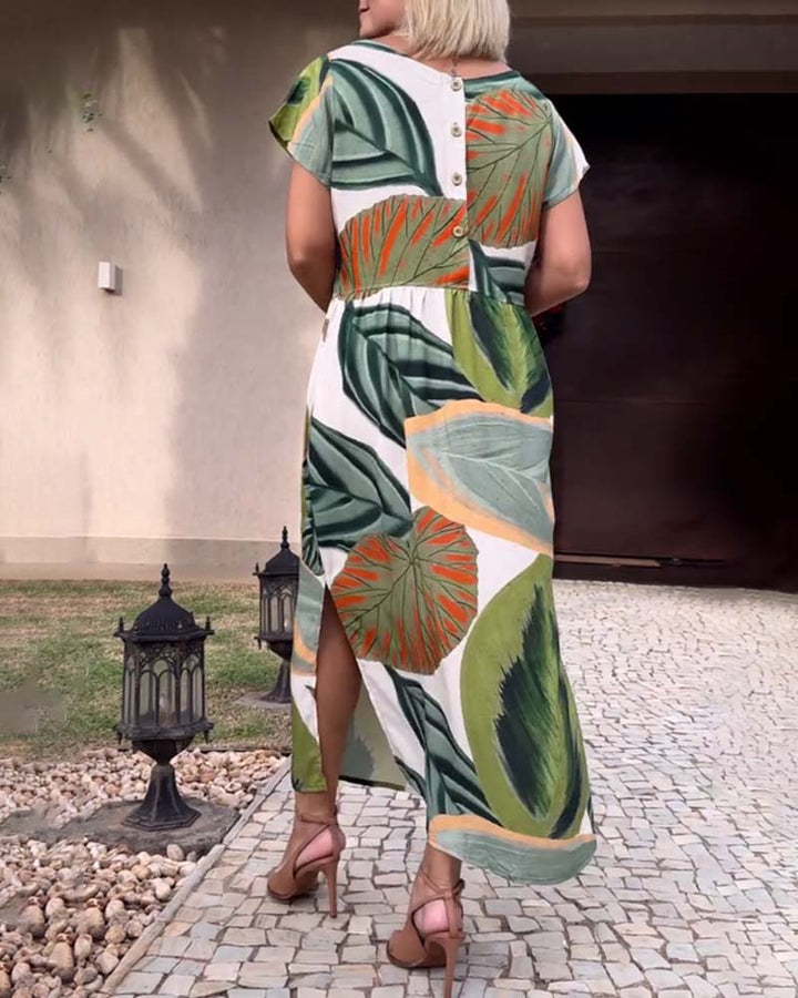 Robe fendue à manches courtes et imprimé feuilles