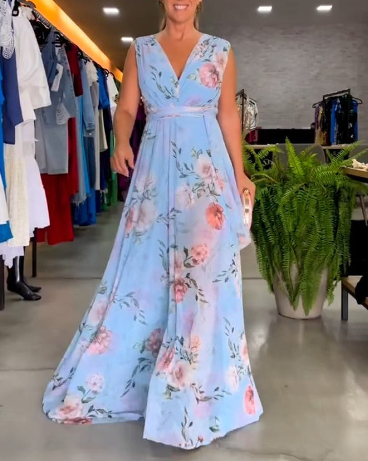 Robe élégante sans manches à col en V et imprimé floral