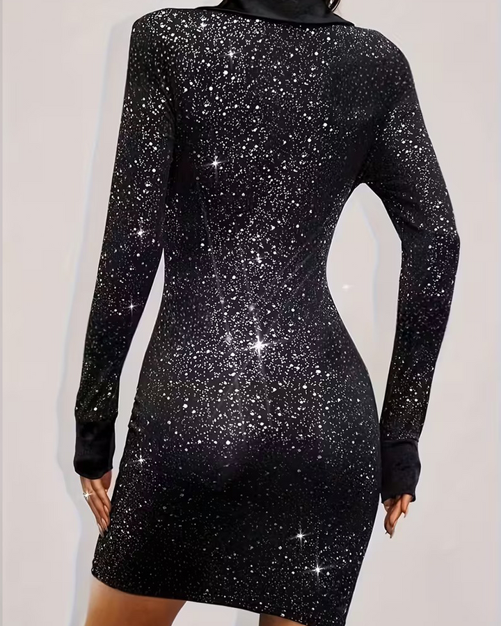 Robe Col Tailleur Paillettes Patchwork Fête