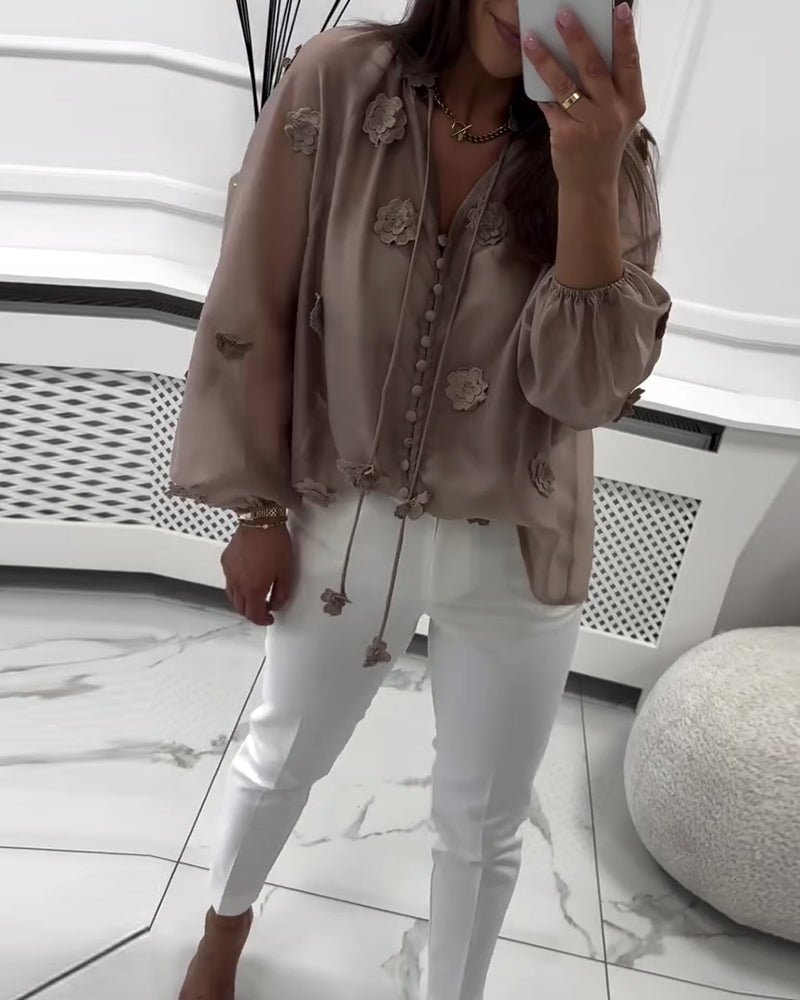 Blouse Unie Fleurs 3D À Lacets