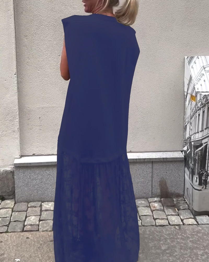 Robe sans Manches en Mesh et Patchwork