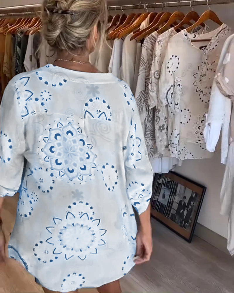 Blouse Polyvalente Col En V Imprimée Manches Mi-Longues