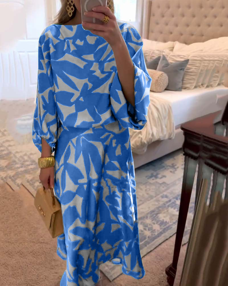Ensemble Robe Décontractée Imprimé Manches Lanterne Tempérament