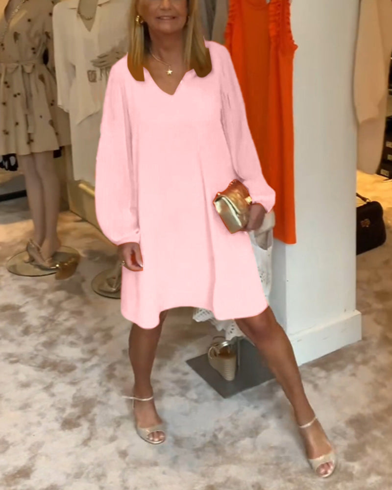 Robe col en V à manches lanternes de couleur unie