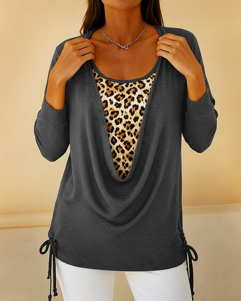 T-shirt faux deux pièces à lacets imprimé léopard