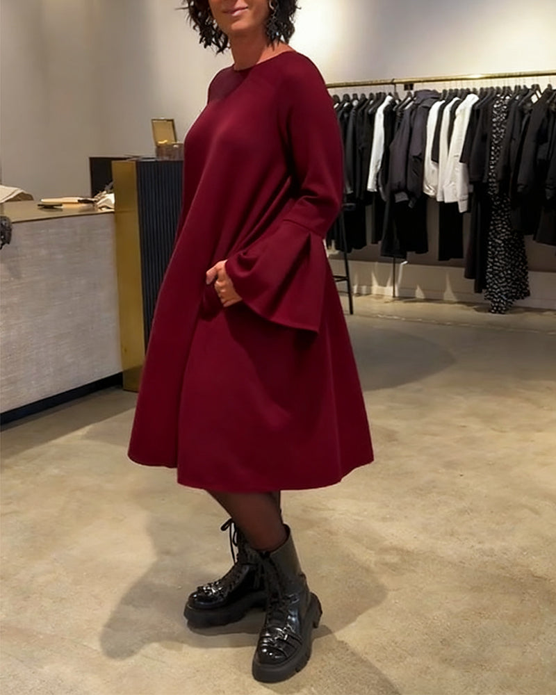 Robe Uni Manche Évasée Froncé