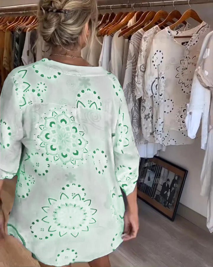 Blouse Polyvalente Col En V Imprimée Manches Mi-Longues