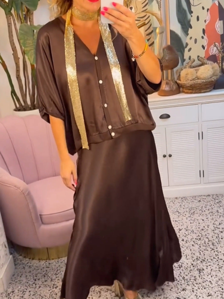 Ensemble jupe décontractée à boutons et col en V