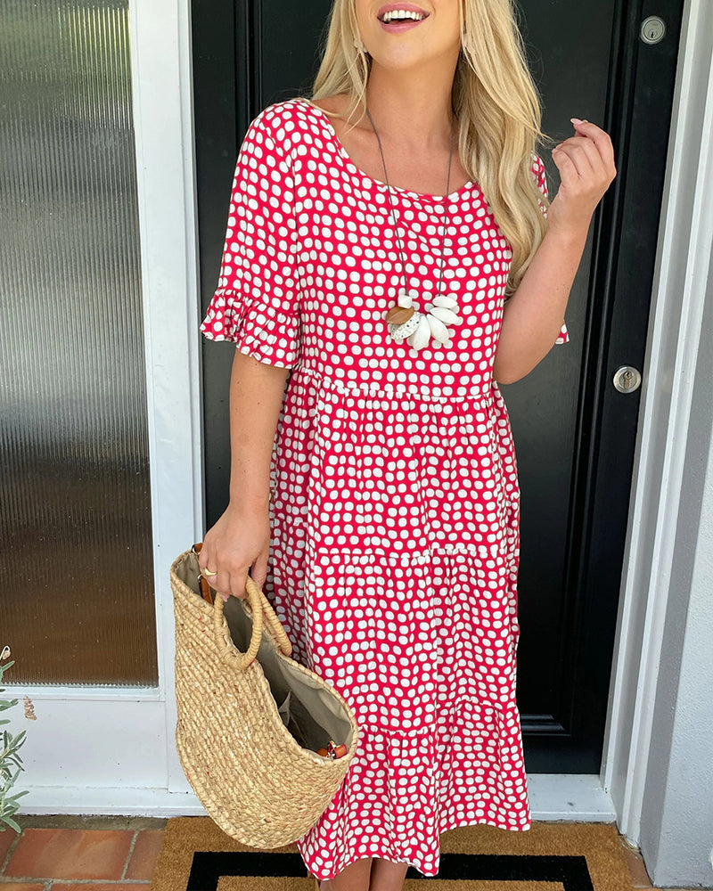 Robe midi col rond imprimé à pois