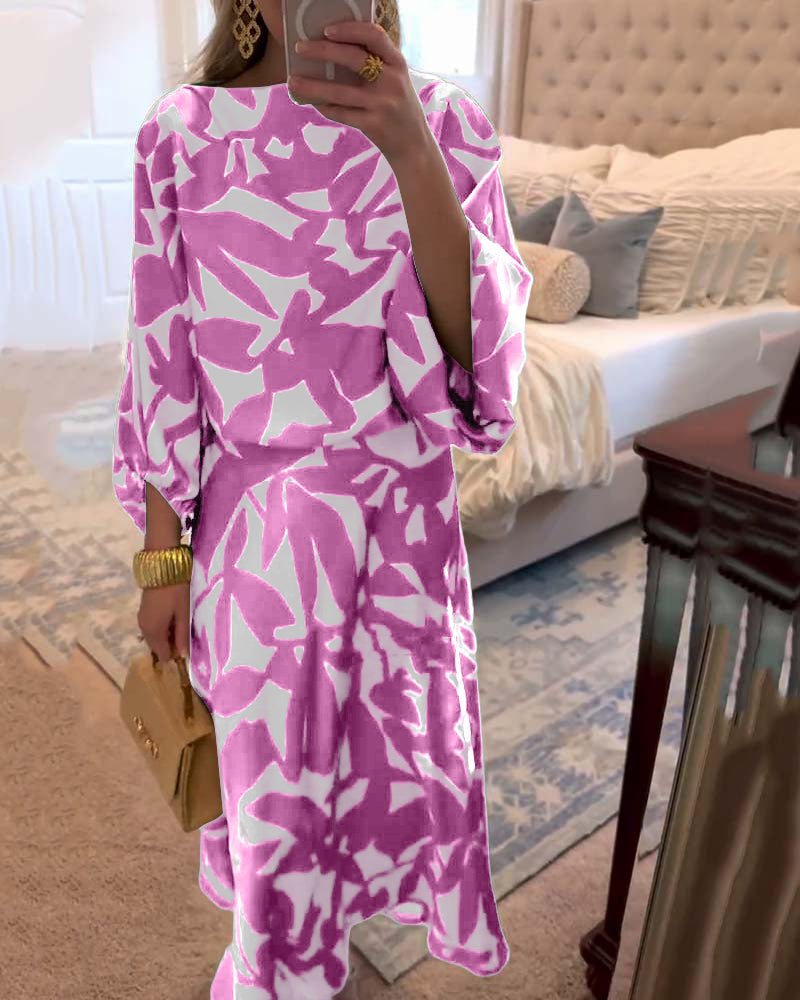 Ensemble Robe Décontractée Imprimé Manches Lanterne Tempérament