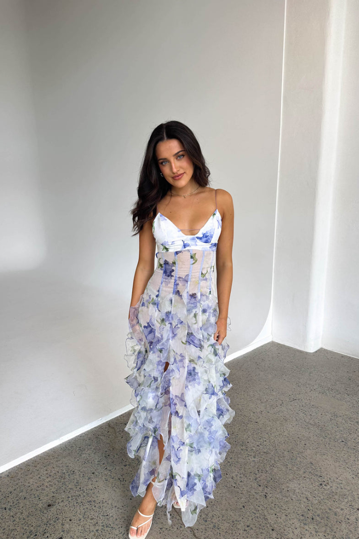Reign | Damska sukienka maxi w kwiaty z falbanami