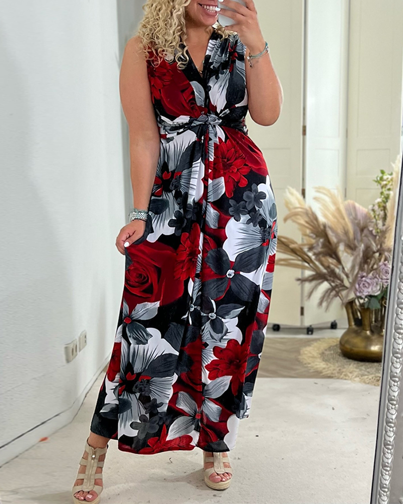 Robe élégante plissée sans manches à imprimé floral