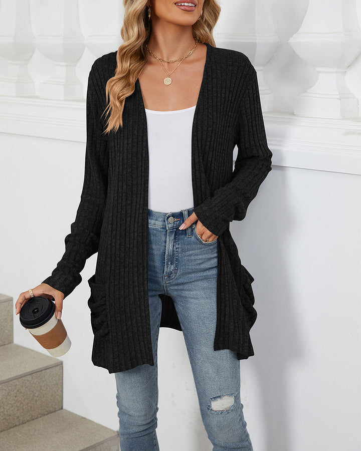 Cardigan décontracté à manches longues et poches de couleur unie