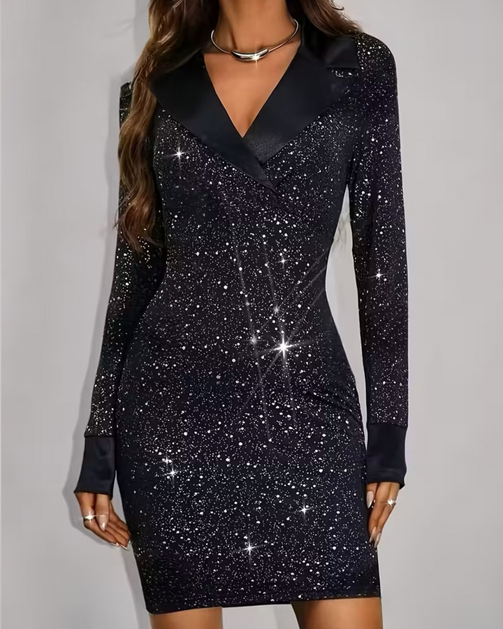 Robe Col Tailleur Paillettes Patchwork Fête
