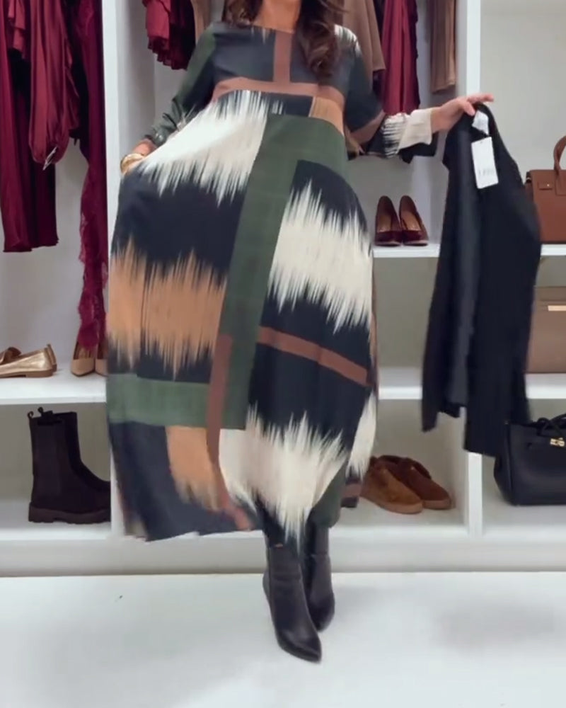 Robe Tendance Imprimée À Col Rond Et Manches Longues