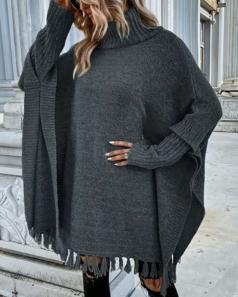Pull À Col Roulé Avec Manches Chauve-Souris Et Franges