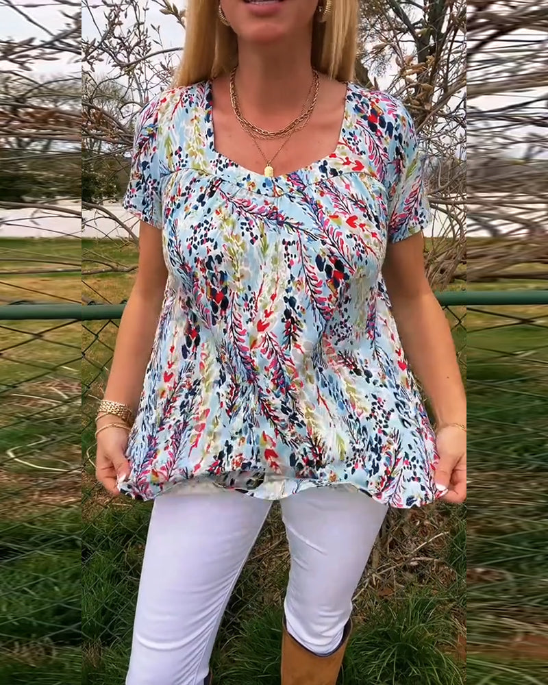 T-Shirt Col U Manches Courtes Imprimé