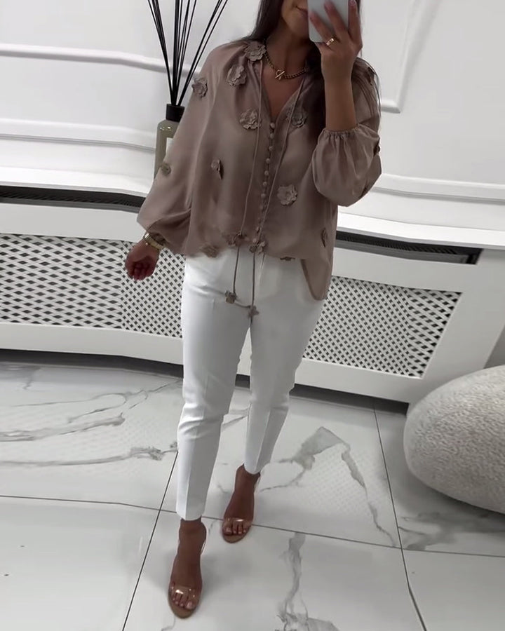 Blouse Unie Fleurs 3D À Lacets