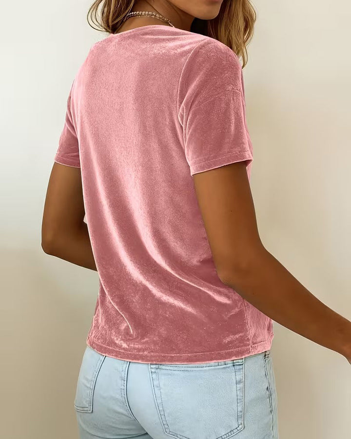T-shirt z weluru z krótkim rękawem i drapowanym dekoltem