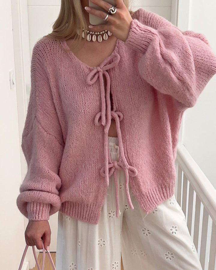 Cardigan à lacets de couleur unie de style paresseux