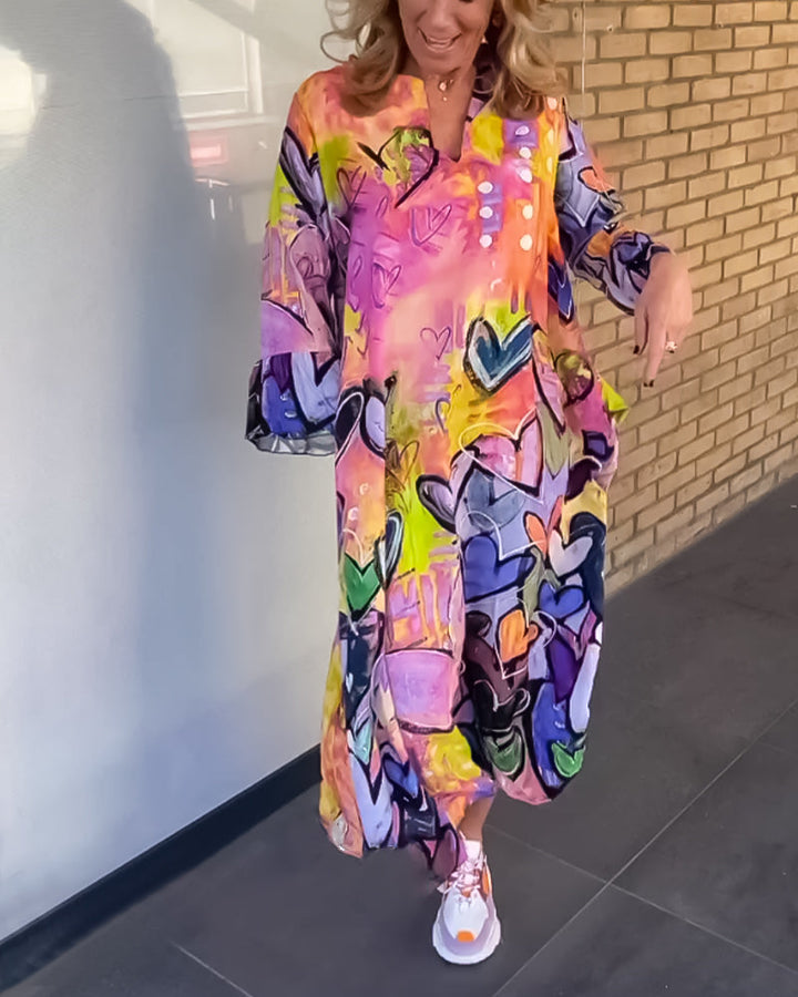 Robe à col en V à imprimé cœur avec manches longues