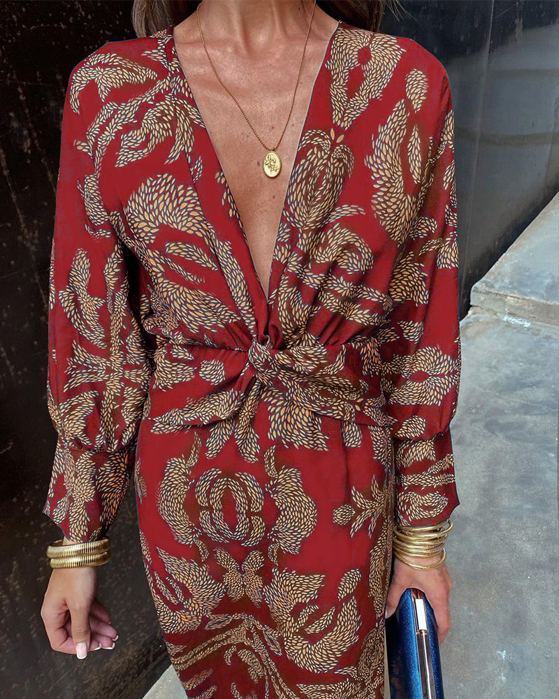 Robe élégante à manches longues et col en V imprimé vintage