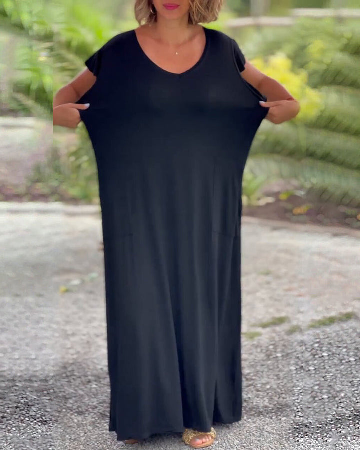 Robe longue de couleur unie avec poche et manche courte