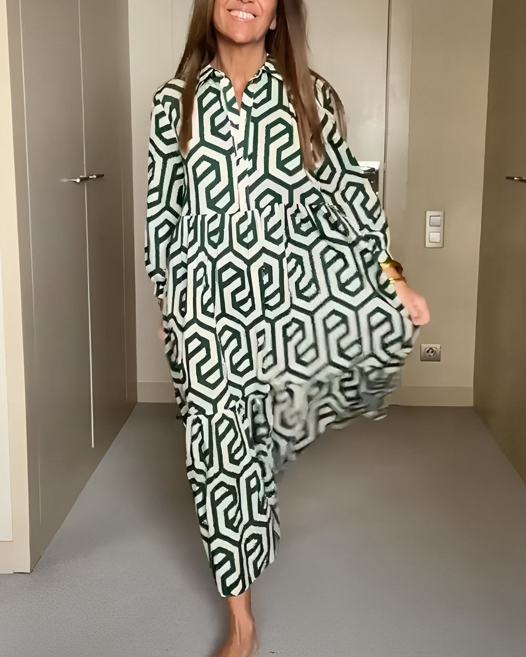 Robe à manches à neuf points à imprimé géométrique
