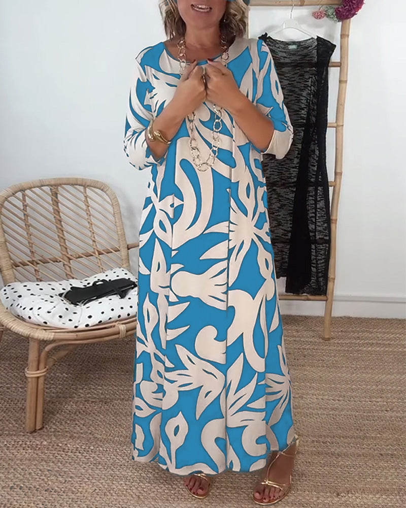 Robe À Col Rond Et Manches Longues Imprimée