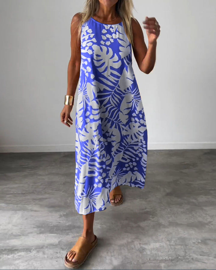 Robe décontractée sans manches à imprimé feuilles