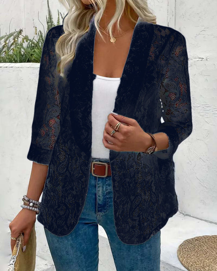 Manteau élégant à revers en dentelle florale de couleur unie