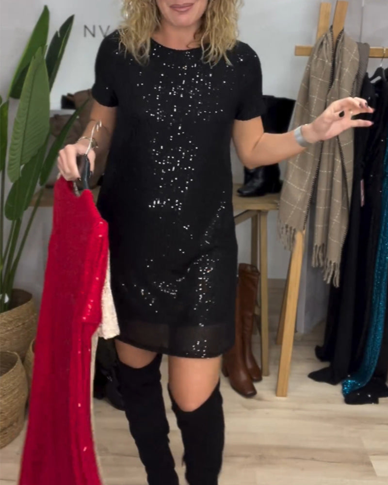 Robe élégante col rond à paillettes