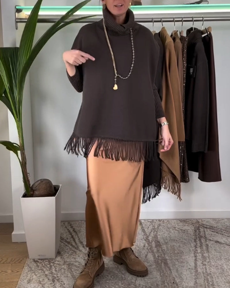 Pull à col roulé et franges de couleur unie