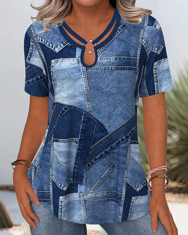 Blouse Vintage Jean Contraste Découpée