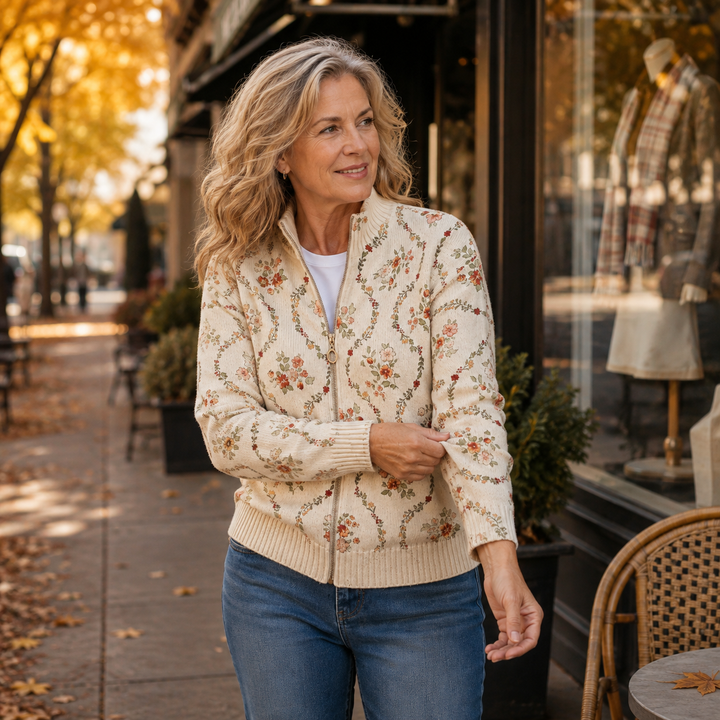 Cardigan zippé floral crème
