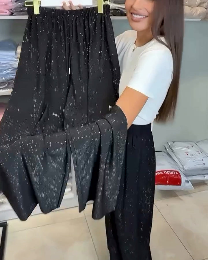 Pantalon Élégant Haute Taille Brillant Large Jambe