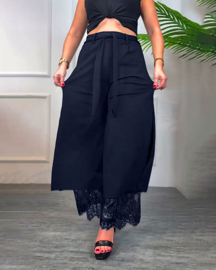 Pantalon À Fente Avec Bordure En Dentelle