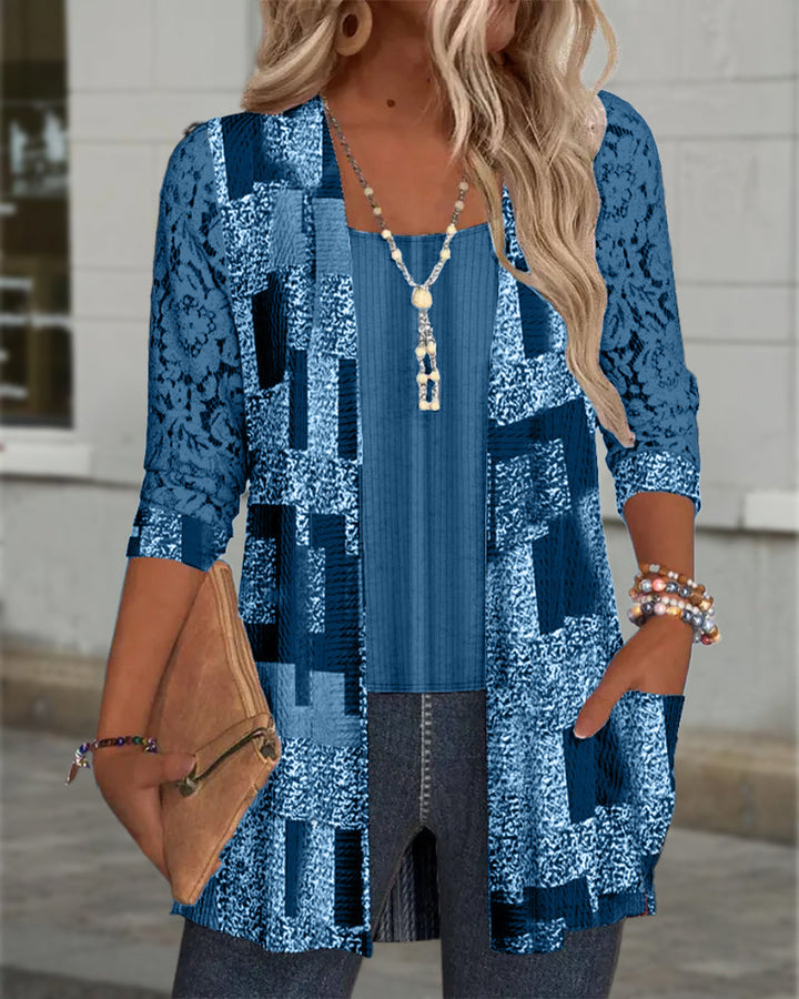 Bluse Manches Longues Imprimée Style Deux-Pièces Factice